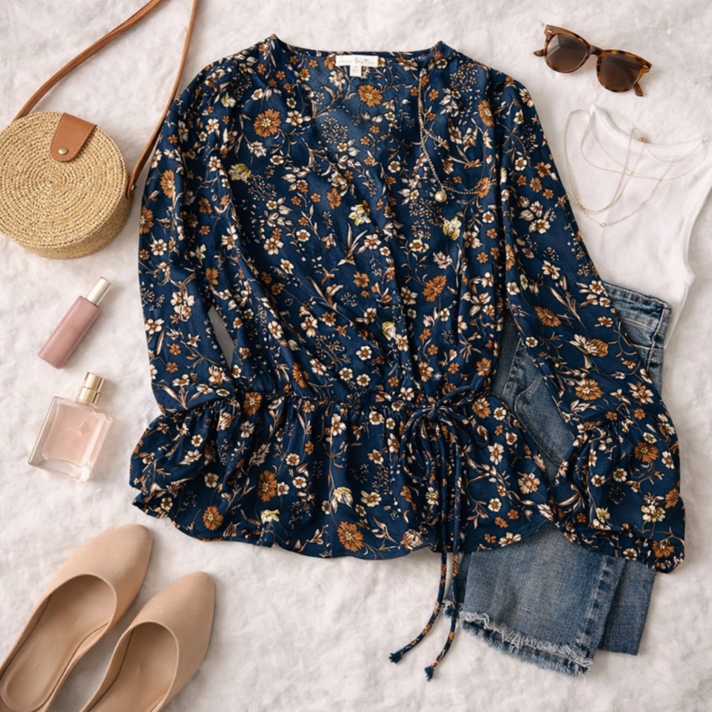Nine Britton Women’s Navy Dainty Floral Blouse, Size XS Like New